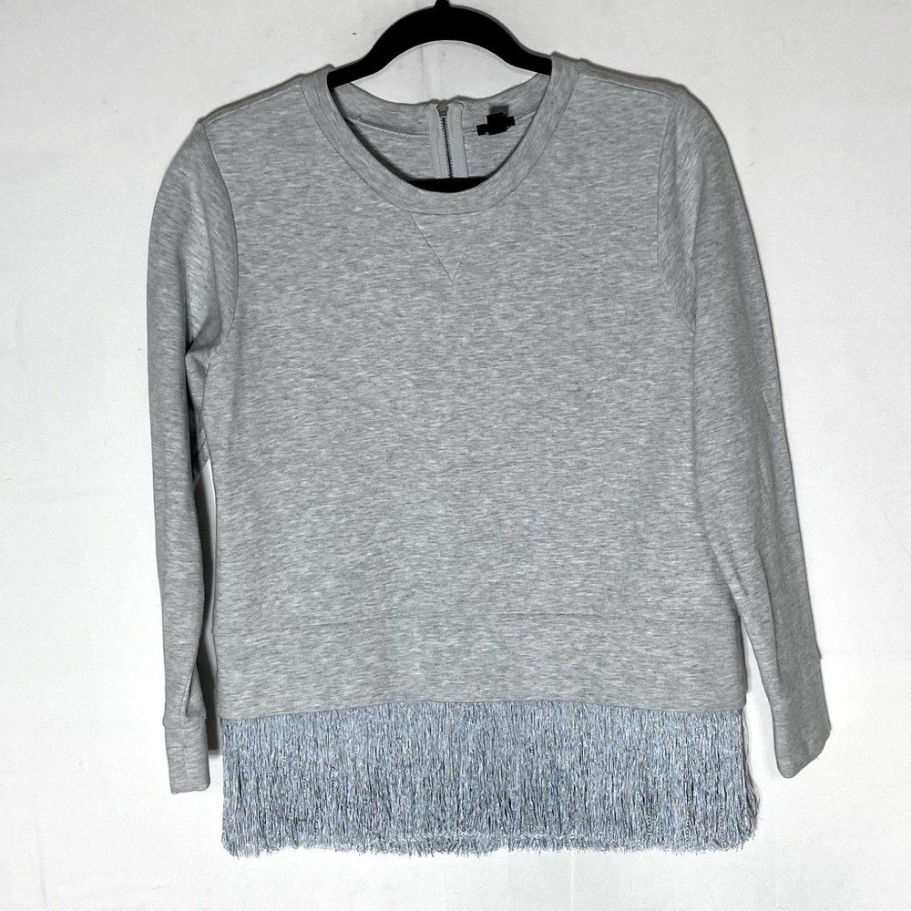 J. Crew Grey Crew Neck Long Sleeve Top W Fringe Hem S